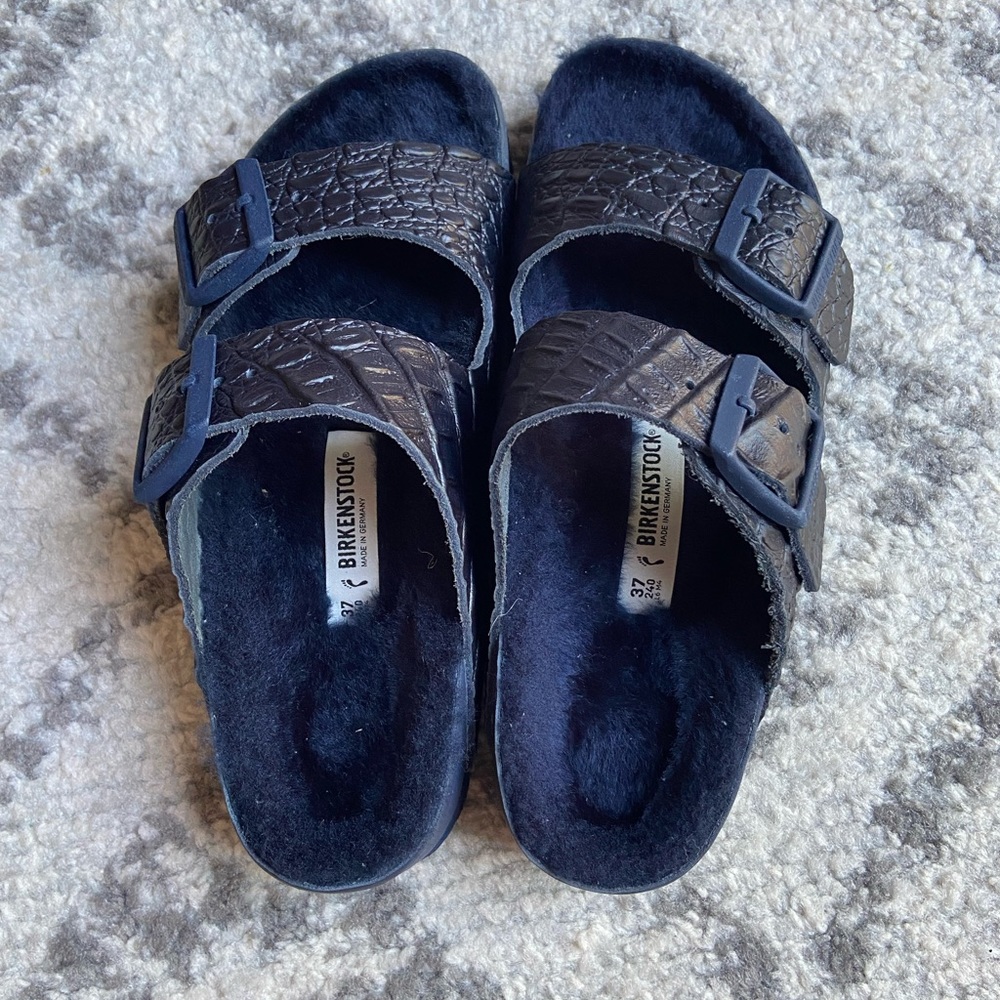 Birkenstock Arizona Shearling Sandals in Blue Croco